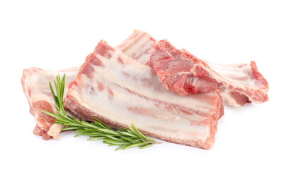 Fresh raw pork ribs and rosemary isolated on white