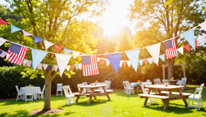 Festive garden party with red, white, and blue garlands, celebration spirit