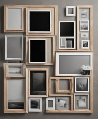 Modern photo frame collage moodboard, various shapes & sizes, stylish arrangement, organized, minimal