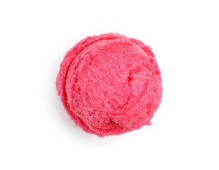 One scoop of delicious ice cream on white background, top view