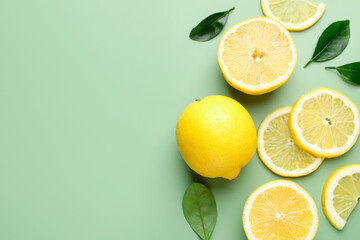Fresh lemons and leaves on pale green background, flat lay. Space for text