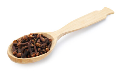 Aromatic cloves in wooden spoon isolated on white