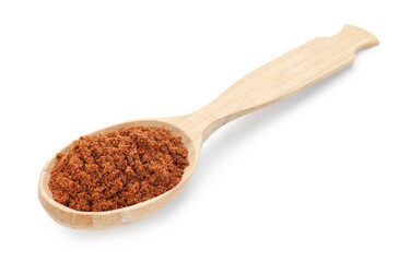 Aromatic nutmeg powder in wooden spoon isolated on white