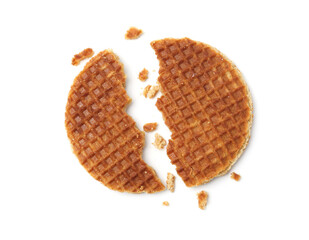 Pieces of tasty round waffle isolated on white, top view