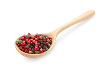 Aromatic peppercorns in wooden spoon isolated on white