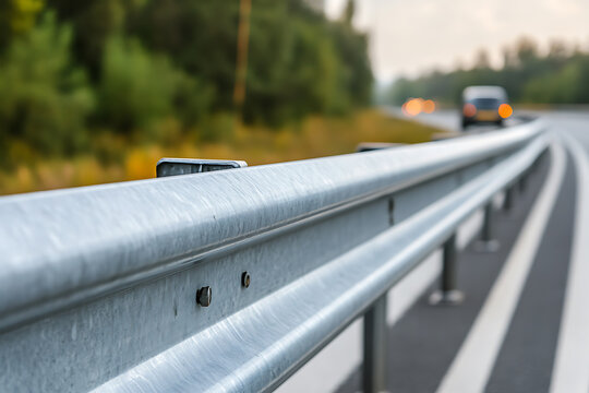 Highway Guardrail Perspective: Silver metal guardrail runs parallel to the road, ensuring safety and guiding traffic with distant vehicles in blurred motion.