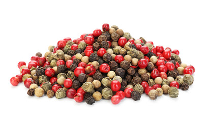Pile of mixed peppercorns isolated on white. Aromatic spice