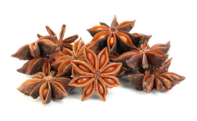 Pile of anise stars isolated on white. Aromatic spice
