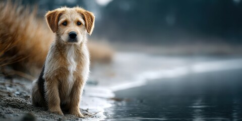 Golden puppy playing by the water's edge during a calm afternoon at the lakeside