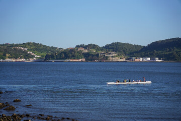 Obraz premium Rowing Team on Calm Water Coastal Landscape Background Sunny Day