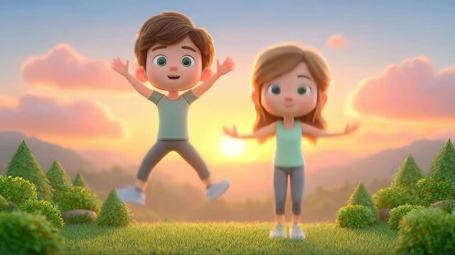 Sunrise cardio crew, fitness bootcamp outdoors with sunrise park jumping jacks, high energy starts the fitness bootcamp outdoors animation, group motion fuels fitness bootcamp outdoors experience