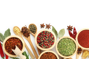 Different aromatic spices isolated on white, top view