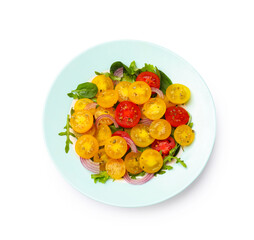 Fresh salad with yellow tomatoes isolated on white, top view