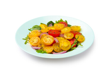 Fresh salad with yellow tomatoes isolated on white