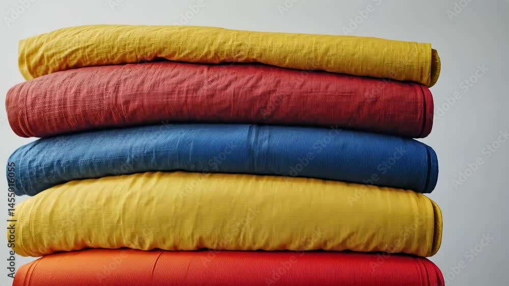 Poster stacked colorful textiles in a warm, inviting setting