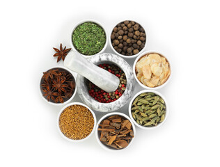 Different aromatic spices isolated on white, top view