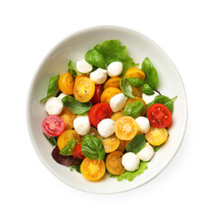 Tasty salad with yellow tomatoes, basil and mozzarella cheese isolated on white, top view