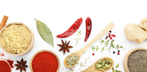 Different aromatic spices isolated on white, top view
