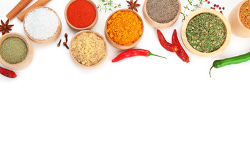 Different aromatic spices isolated on white, top view