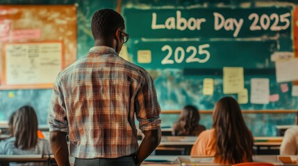 Obraz premium A male teacher faces away from students in a classroom on Labor Day 2025.