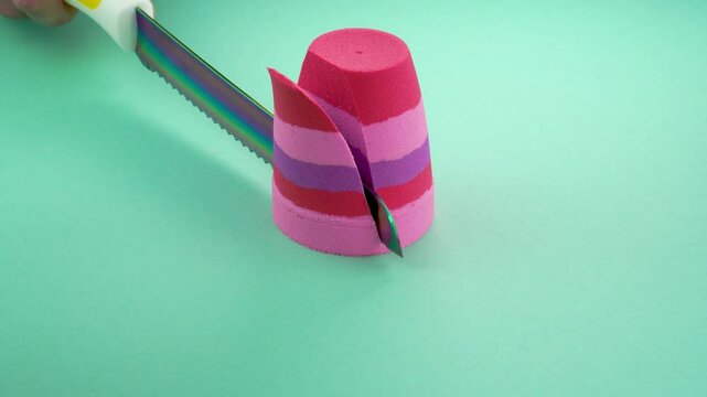 Very Satisfying and Relaxing Kinetic Sand ASMR video. Cutting anti stress macro close up colorful Kinetic Sand with a Knife. ASMR sounds.