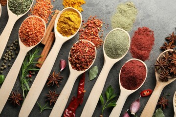 Many different spices in spoons on grey table, flat lay
