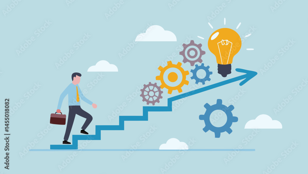 Poster a man climbing stairs towards a lightbulb with gears and clouds in the background