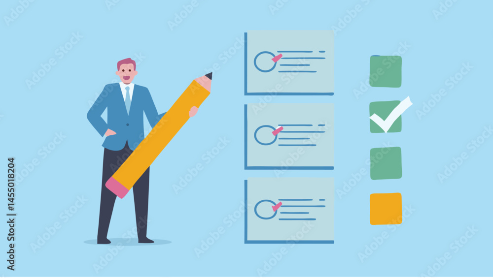 Poster a man holding a large pencil next to a checklist with checkmarks and completed items