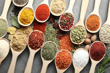 Many different spices in spoons on grey table, flat lay