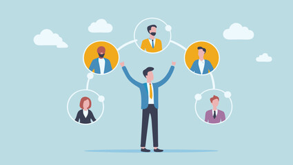 Person raising arms surrounded by connected portraits of diverse individuals online