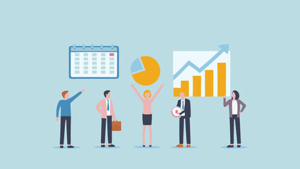 Fototapeta premium Illustration of business team celebrating success with charts and calendar icons