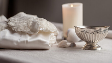 Elegant still life photography of lace fabric candle silver bowl and seashells art