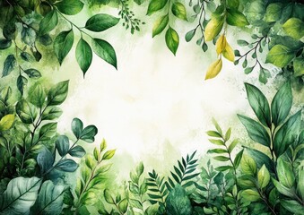 Lush green foliage border framing a light background.