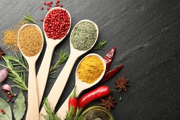 Different aromatic spices in spoons on black table, flat lay. Space for text