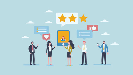 Group of people interacting with a smartphone surrounded by feedback icons and clouds