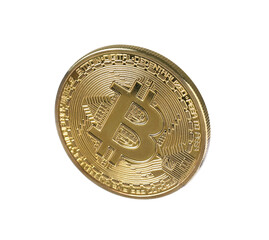 Cryptocurrency. One golden bitcoin isolated on white