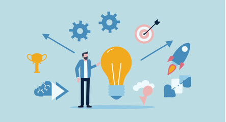 Illustration of a man standing next to a lightbulb surrounded by success icons