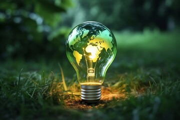 Light bulb with world map inside, on green grass, energy concept.