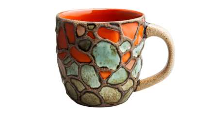 Stoneware cup with orange interior and green pattern, cut out transparent