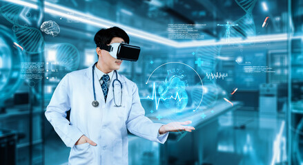 Doctor wearing VR glasses and lab coat holding at medical data while managing augmented reality...