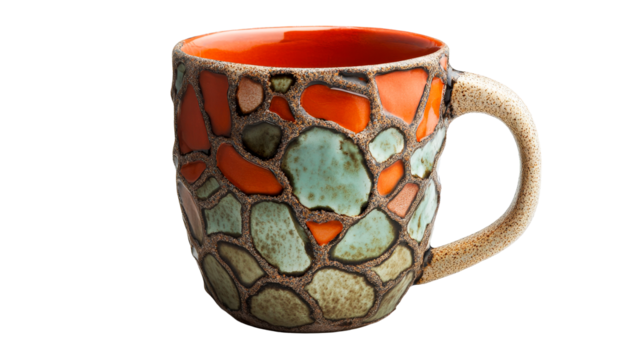 Stoneware cup with orange interior and green pattern, cut out transparent