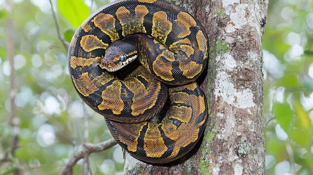 Python Coiled Around a Tree In a Tropical Forest From a Front View Showing Its Powerful Body Texture and Eyes Tracking Movement In the Background