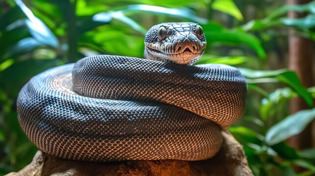 Python Coiled Around a Tree In a Tropical Forest From a Front View Showing Its Powerful Body Texture and Eyes Tracking Movement In the Background