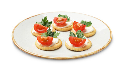 Tasty crackers with cream cheese, tomatoes and parsley isolated on white