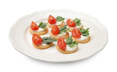 Tasty crackers with cream cheese, tomatoes and parsley isolated on white
