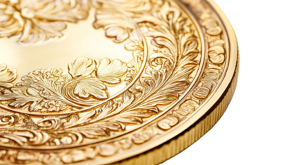 Intricate golden medallion with floral design, close up view, cut out transparent