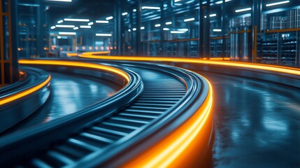 Automated conveyor system in a modern warehouse.  High-tech, glowing, and efficient logistics