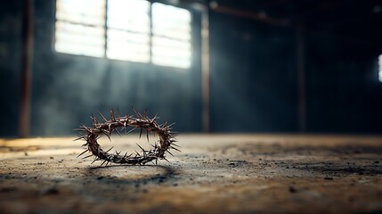 Crown of thorns on dusty floor, light rays