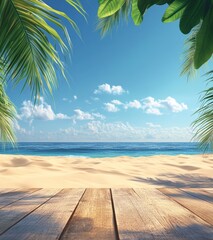 Empty Wooden Table on Tropical Beach with Blue Sky Summer Vacation