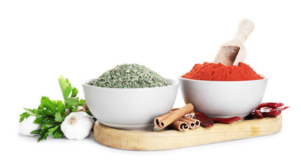 Many different aromatic spices on white background